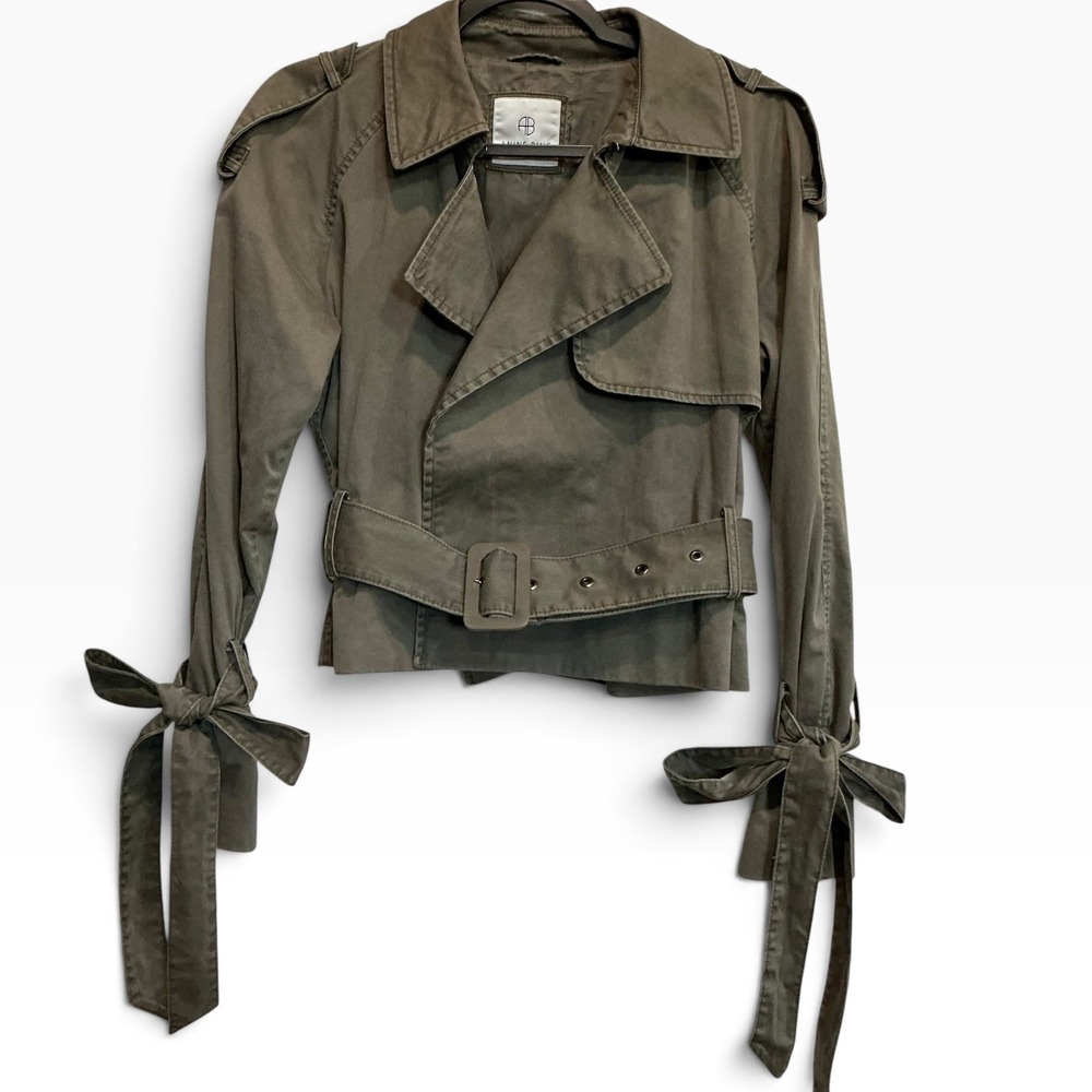 ANINE BING Aria Cropped Belted Trench Jacket Military Green XS S